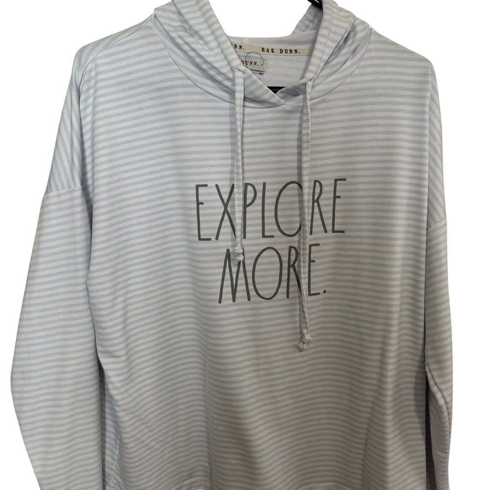 NWOT Rae Dunn "Explore More" Blue Striped Hoodie L